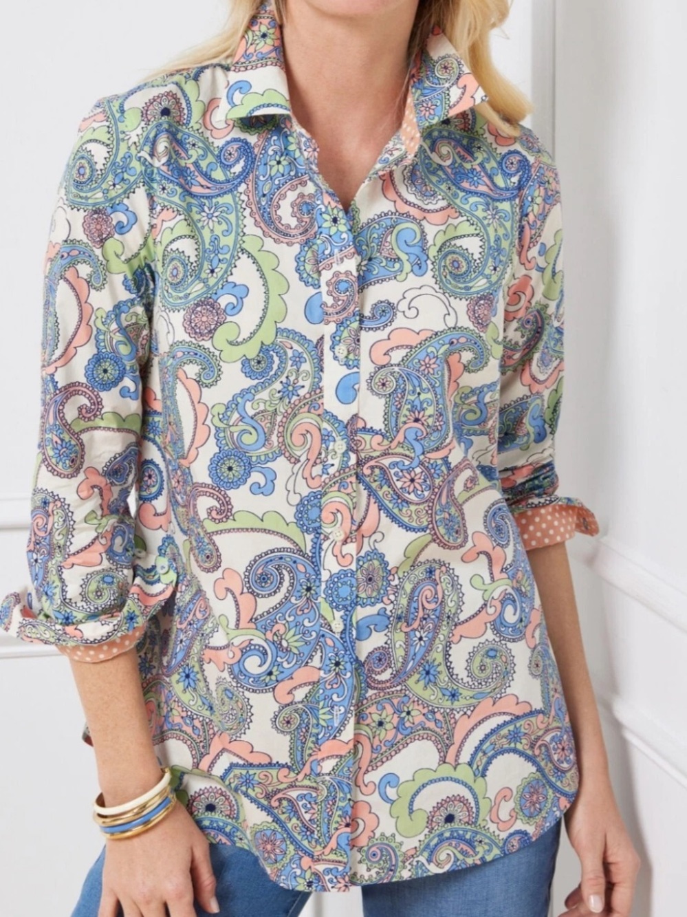 Talbots Paisley Button-Down Shirt in Pastel Blue, Pink, Green